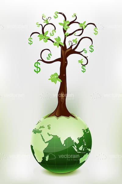 Abstract Tree with Dollar Symbols on Earth Globe